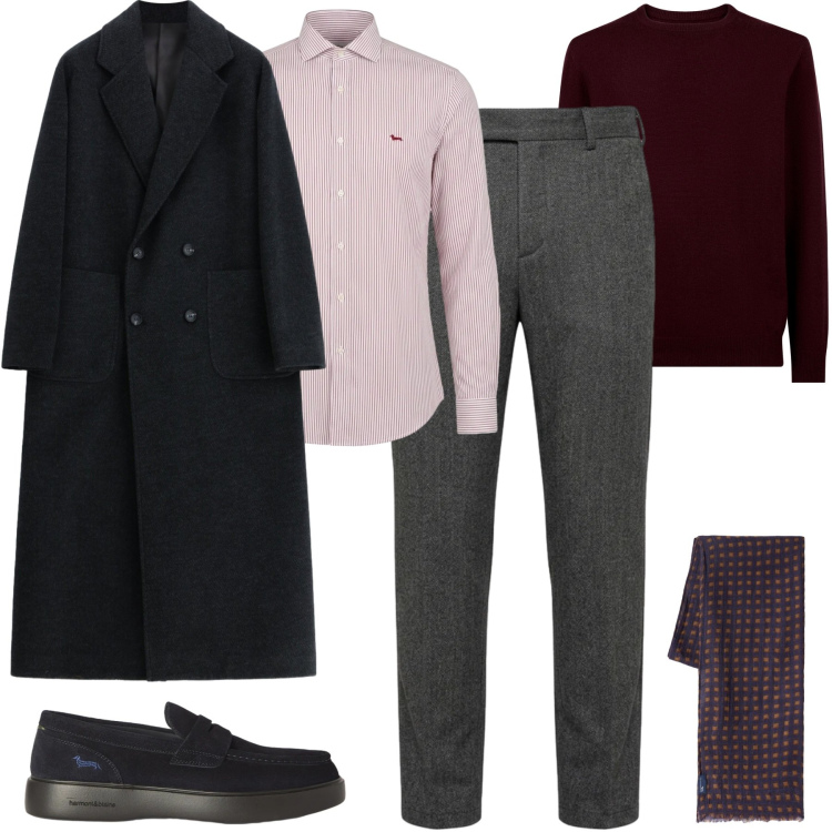 Outfit uomo - In ufficio. Stile Business/Elegante per Ufficio. Abbinamento con pantaloni, scarpe stringate, camicie, sciarpe, cappotti, maglieria.