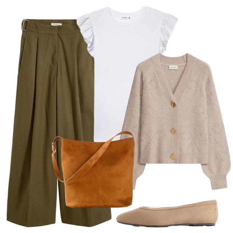 Outfit donna - La ballerina. Stile Basic per Tutti i giorni. Abbinamento con pantaloni, borse a mano, ballerine, cardigans, t-shirt.