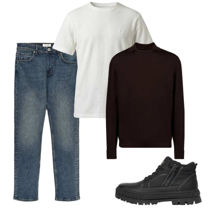 Outfit uomo - Settembre. Stile Casual per Tutti i giorni. Abbinamento con t-shirt, maglieria, jeans, stivali e stivaletti.