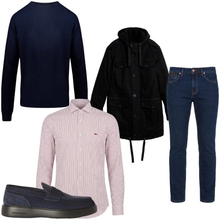 Outfit uomo - Total look #2478605. Stile Casual per Tutti i giorni. Abbinamento con parka, jeans, camicie, scarpe stringate, maglieria.