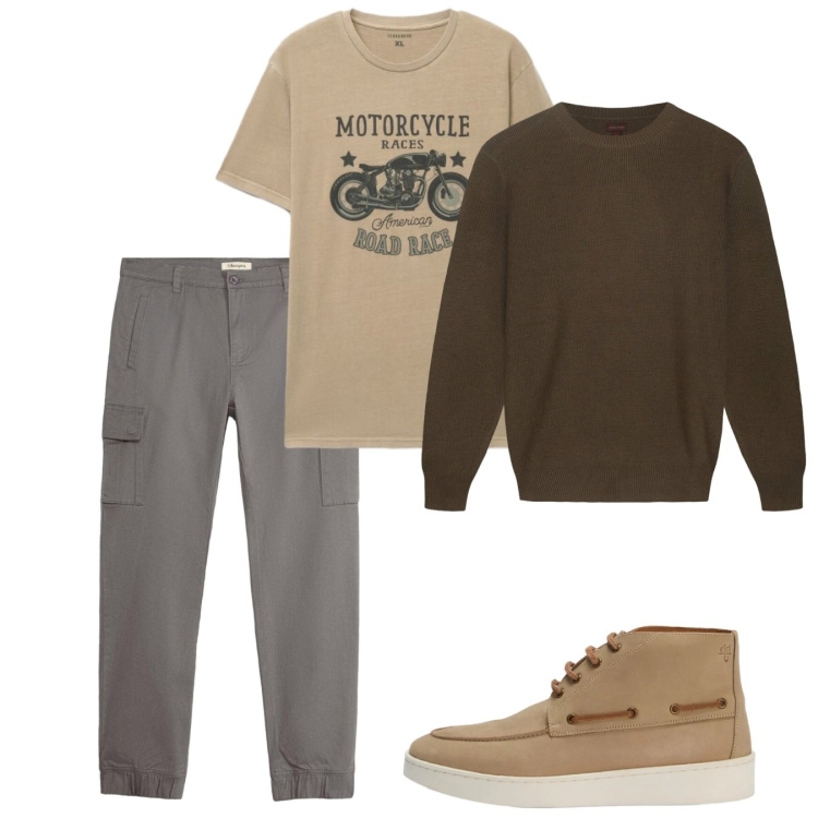 Outfit uomo - Settembre. Stile Casual per Tutti i giorni. Abbinamento con stivali e stivaletti, maglieria, t-shirt, pantaloni cargo.