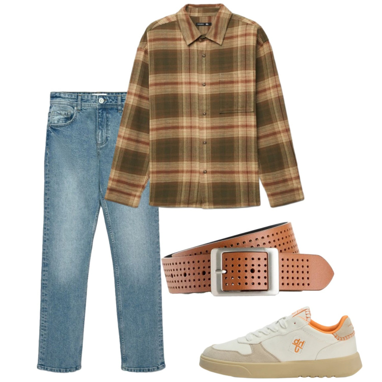 Outfit uomo - Autunno. Stile Casual per Tutti i giorni. Abbinamento con sneakers, camicie, jeans dritti, cinture.