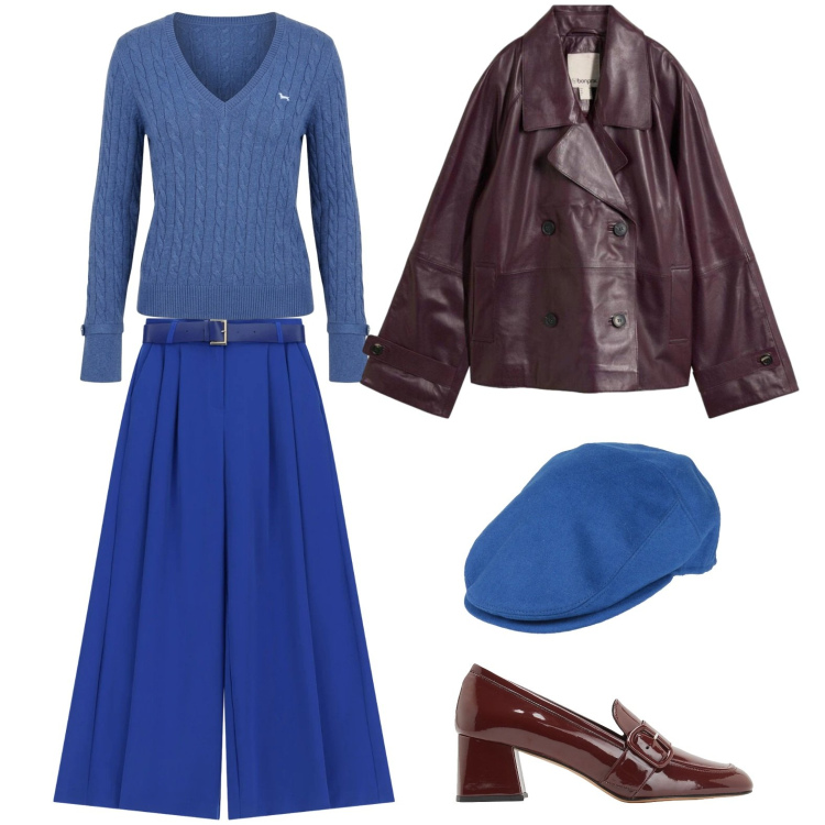 Outfit donna - Stile parigino. Stile Bon Ton per Tutti i giorni. Abbinamento con mocassini, cappelli, caban, maglieria, pantaloni a palazzo.