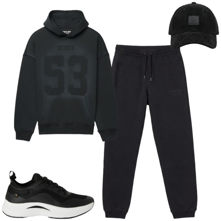 Outfit uomo - Settembre. Stile Casual per Tutti i giorni. Abbinamento con sneakers, pantaloni, cappelli con visiera, felpe con cappuccio.