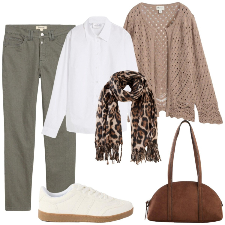 Outfit donna - Scuola. Stile Basic per Scuola/Università. Abbinamento con camicie, sciarpe, pantaloni, borse a tracolla, cardigans, sneakers.