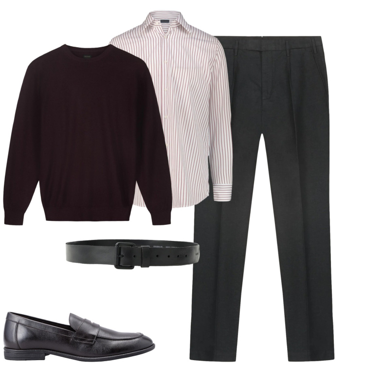 Outfit uomo - In ufficio. Stile Business/Elegante per Ufficio. Abbinamento con cinture, pantaloni, maglieria, scarpe stringate, camicie.