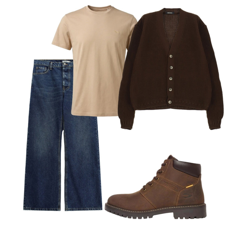 Outfit uomo - Settembre. Stile Casual per Tutti i giorni. Abbinamento con t-shirt, cardigans, jeans, stivali e stivaletti.