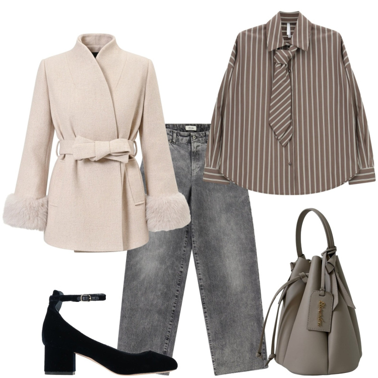 Outfit donna - Il cappotto raffinato. Stile Casual chic per Ufficio. Abbinamento con décolleté, camicie, jeans, cappotti, borse a secchiello.