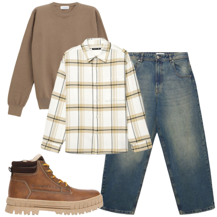 Outfit uomo - Fall. Stile Casual per Tutti i giorni. Abbinamento con maglieria, jeans, camicie, stivali e stivaletti.