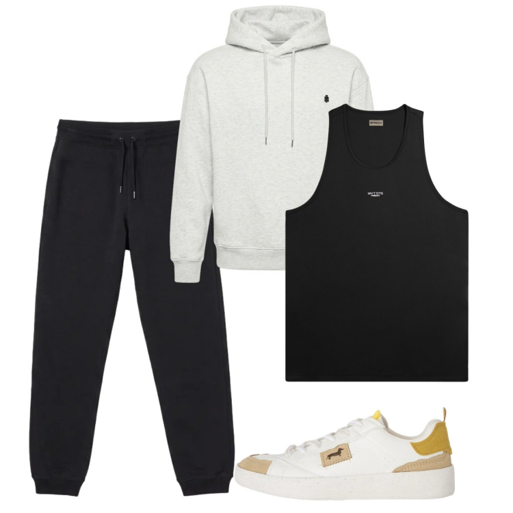 Outfit uomo - Settembre. Stile Casual per Tutti i giorni. Abbinamento con sneakers, felpe con cappuccio, canottiere, pantaloni.