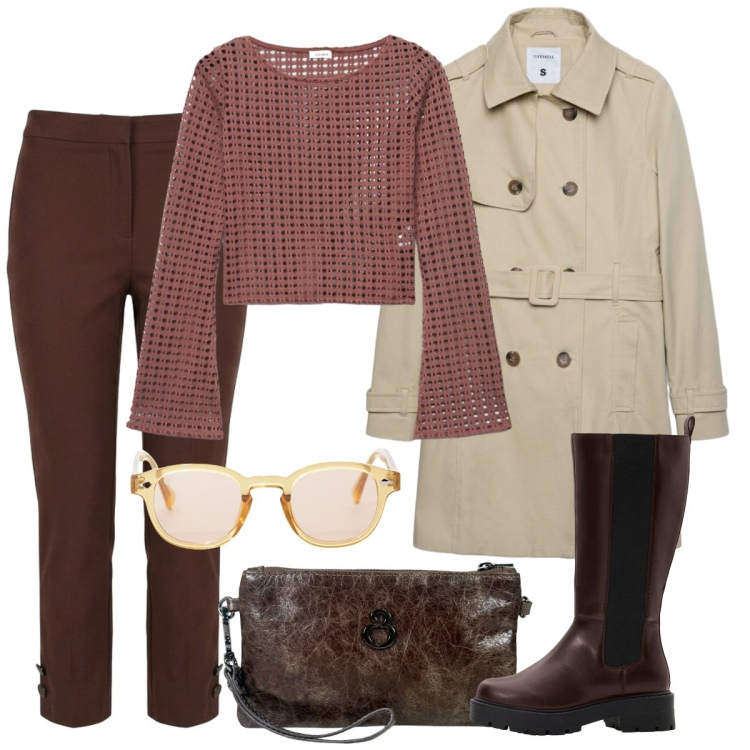 Outfit donna - I primi freddi. Stile Basic per Tutti i giorni. Abbinamento con stivali, trench, maglieria, occhiali da sole, pantaloni, pochette.