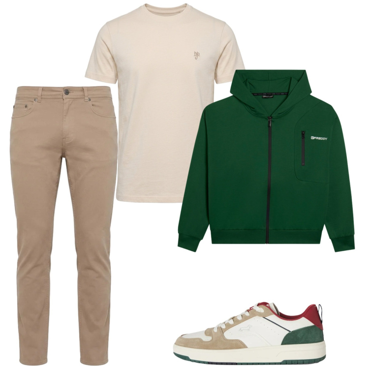Outfit uomo - Settembre. Stile Casual per Tutti i giorni. Abbinamento con t-shirt, pantaloni, sneakers, felpe con cappuccio.