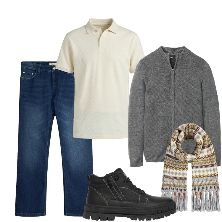 Outfit uomo - Total look #2478636. Stile Casual per Tutti i giorni. Abbinamento con polo, sciarpe, jeans bootcut, cardigans, stivali e stivaletti.