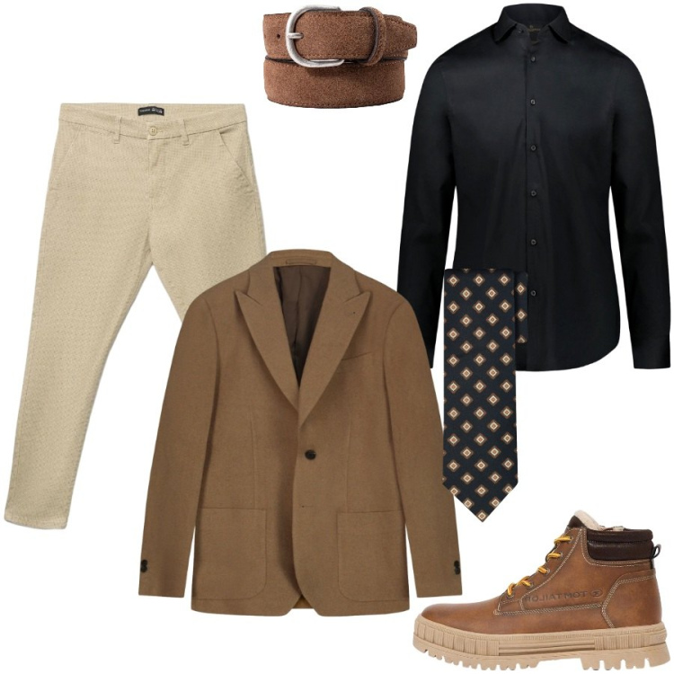 Outfit uomo - Total look #2478645. Stile Business/Elegante per Ufficio. Abbinamento con camicie, giacche, cravatte, cinture, pantaloni chino, stivali e stivaletti.