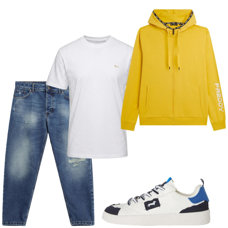 Outfit uomo - Settembre. Stile Casual per Tutti i giorni. Abbinamento con t-shirt, sneakers, jeans strappati, felpe con cappuccio.