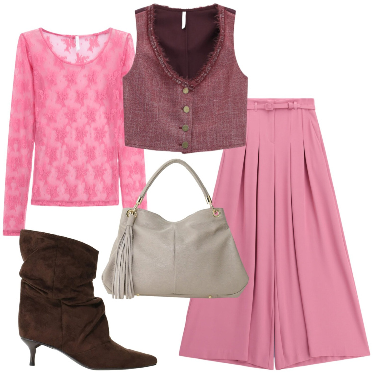 Outfit donna - Imperial. Stile Casual per Tutti i giorni. Abbinamento con pantaloni a palazzo, stivali, t-shirt, gilet, borse a spalla.