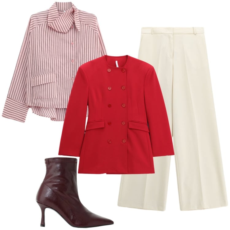 Outfit donna - Imperial. Stile Casual chic per Tutti i giorni. Abbinamento con camicie, pantaloni a palazzo, blazer, stivaletti.