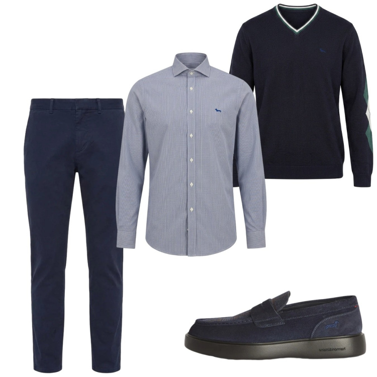 Outfit uomo - Settembre. Stile Casual per Tutti i giorni. Abbinamento con camicie, scarpe stringate, maglieria, pantaloni.