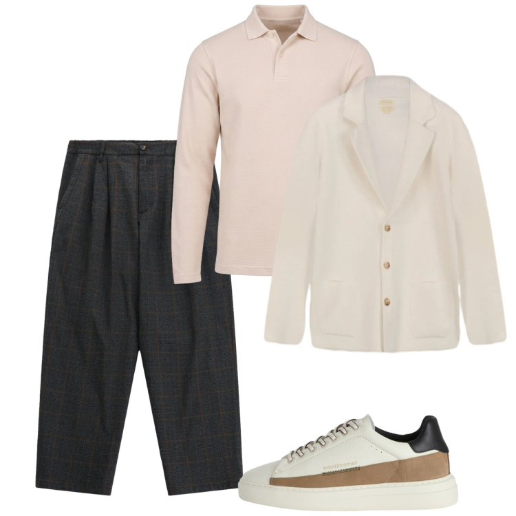 Outfit uomo - Settembre. Stile Casual per Tutti i giorni. Abbinamento con sneakers, polo, pantaloni, cardigans.