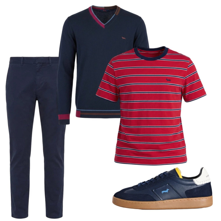 Outfit uomo - Settembre. Stile Casual per Tutti i giorni. Abbinamento con pantaloni, sneakers, maglieria, t-shirt.