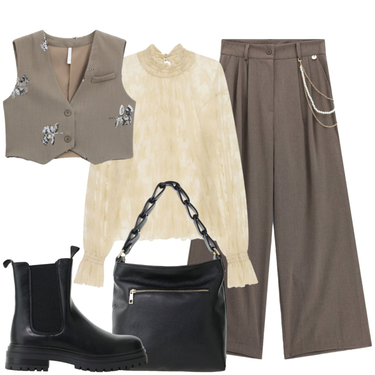 Outfit donna - Ritorno in città. Stile Casual per Tutti i giorni. Abbinamento con gilet, bluse, pantaloni a palazzo, borse a spalla, stivaletti chelsea.