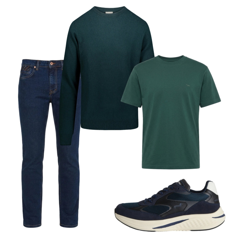 Outfit uomo - Settembre. Stile Casual per Tutti i giorni. Abbinamento con jeans, sneakers, t-shirt, maglieria.