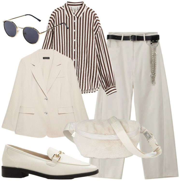 Outfit donna - Completo elegante. Stile Casual chic per Serata fuori. Abbinamento con occhiali da sole, mocassini, camicie, pantaloni a palazzo, marsupi, blazer.