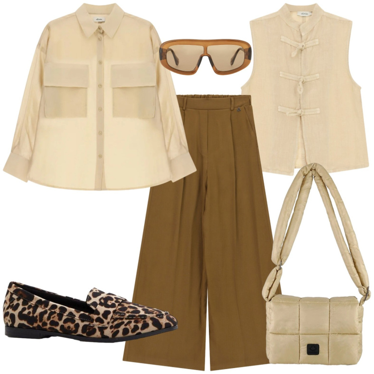 Outfit donna - Ufficio. Stile Casual chic per Ufficio. Abbinamento con mocassini, occhiali da sole, pantaloni a palazzo, gilet, camicie, borse a spalla.
