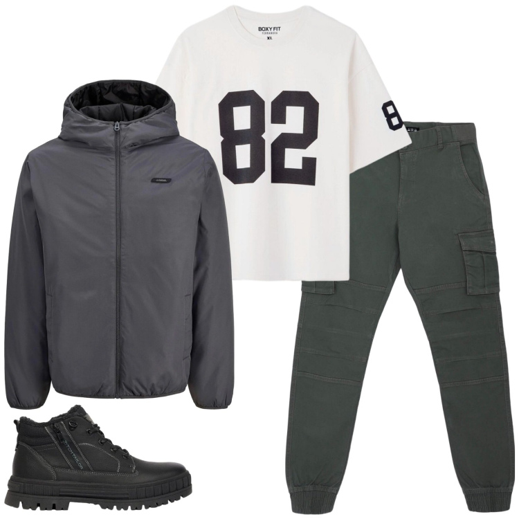 Outfit uomo - Total look #2478677. Stile Casual per Tutti i giorni. Abbinamento con pantaloni cargo, t-shirt, stivali e stivaletti, giacche.