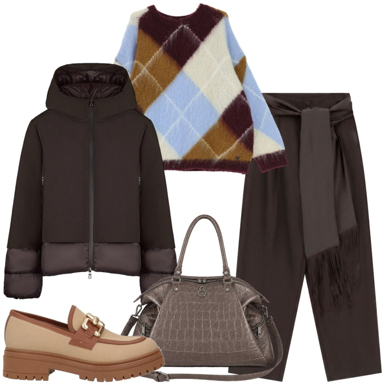 Outfit donna - Casual. Stile Casual per Tutti i giorni. Abbinamento con mocassini, pantaloni a palazzo, maglieria, blazer, shopping bag.