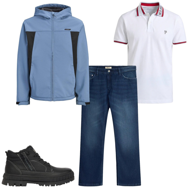 Outfit uomo - Total look #2478680. Stile Casual per Tutti i giorni. Abbinamento con polo, jeans bootcut, giacche, stivali e stivaletti.