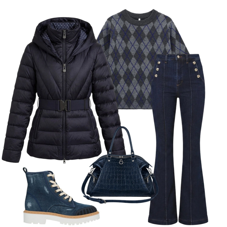 Outfit donna - Total look #2478684. Stile Casual per Tutti i giorni. Abbinamento con stivaletti, piumini, maglieria, jeans a zampa, shopping bag.