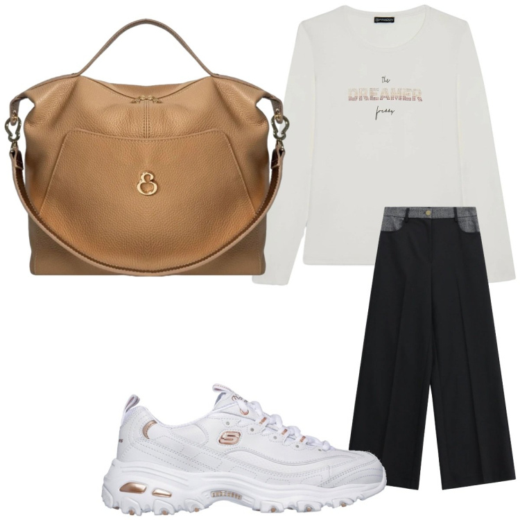 Outfit donna - Oroscopo La Bilancia. Stile Casual per Tutti i giorni. Abbinamento con pantaloni a palazzo, t-shirt, borse a mano, sneakers.
