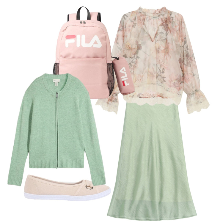 Outfit donna - Fresco menta. Stile Romantica per Tutti i giorni. Abbinamento con ballerine, zaini, cardigans, gonne longuette, bluse.
