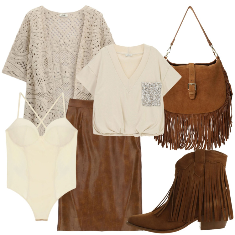 Outfit donna - Total look #2478694. Stile Casual chic per Tutti i giorni. Abbinamento con stivaletti texani, body, borse a spalla, cardigans, gonne longuette, t-shirt.