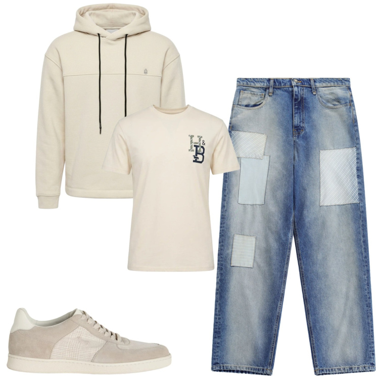 Outfit uomo - Total look #2478697. Stile Urban per Tutti i giorni. Abbinamento con t-shirt, sneakers, jeans, felpe con cappuccio.