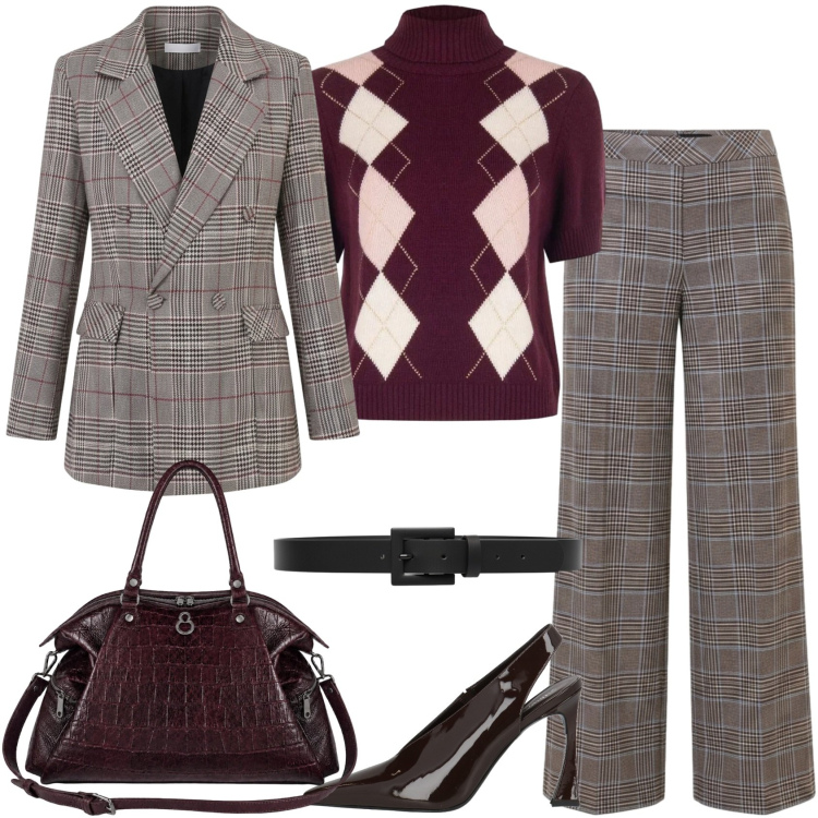 Outfit donna - Total look #2478698. Stile Mannish per Ufficio. Abbinamento con décolleté, cinture, pantaloni, maglieria, blazer, shopping bag.