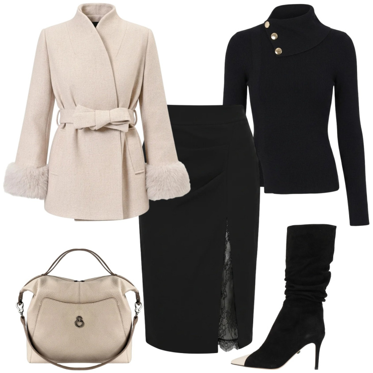 Outfit donna - Total look #2478699. Stile Chic per Ufficio. Abbinamento con stivali, gonne longuette, maglieria, cappotti, borse a mano.