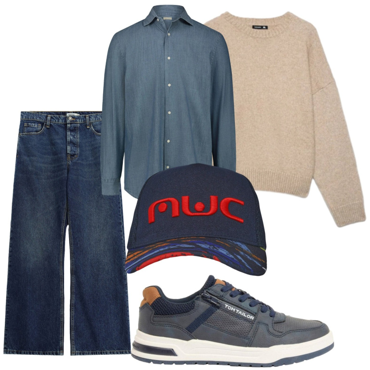 Outfit uomo - Autunno. Stile Casual per Tutti i giorni. Abbinamento con jeans, camicie, cappelli con visiera, maglieria, sneakers.