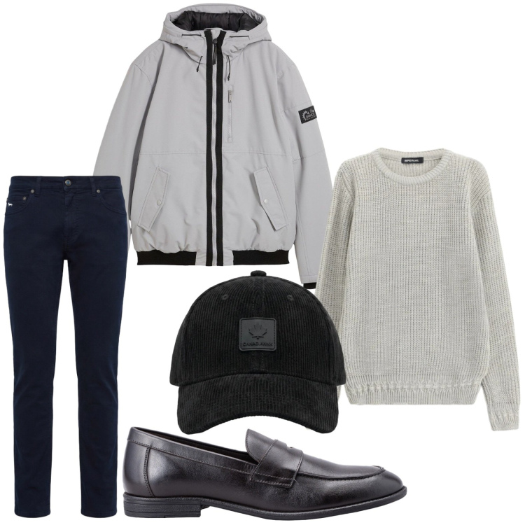 Outfit uomo - Minimal Street. Stile Casual per Tutti i giorni. Abbinamento con pantaloni, maglieria, scarpe stringate, cappelli con visiera, bomber.