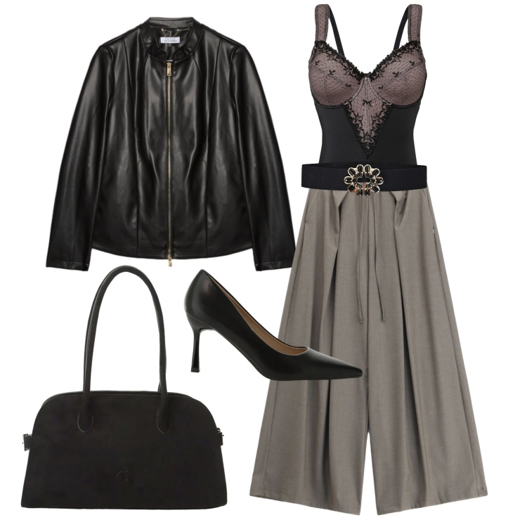 Outfit donna - Settembre. Stile Trendy per Serata fuori. Abbinamento con body, décolleté, pantaloni a palazzo, borse a spalla, cinture, giacche.