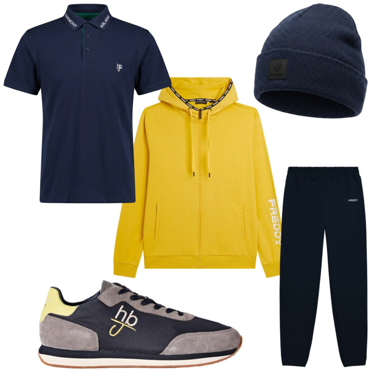 Outfit uomo - Tuta streetwear. Stile Trendy per Tutti i giorni. Abbinamento con sneakers, polo, pantaloni, felpe con cappuccio, berretti.