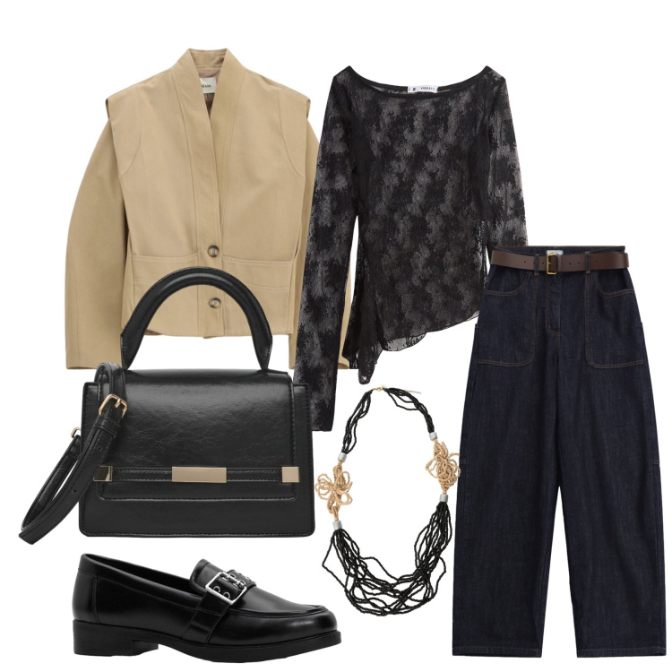 Outfit donna - Settembre. Stile Casual chic per Tutti i giorni. Abbinamento con mocassini, maglieria, borse a tracolla, blazer, pantaloni a palazzo, collane.