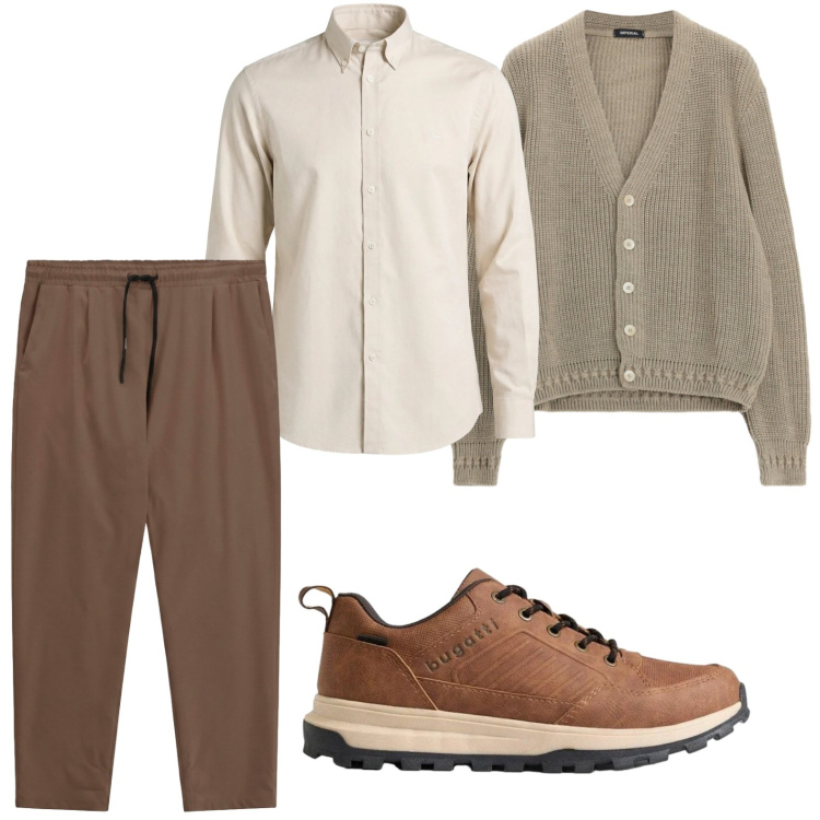 Outfit uomo - Pantaloni tabacco. Stile Casual per Tutti i giorni. Abbinamento con camicie, cardigans, pantaloni, sneakers.