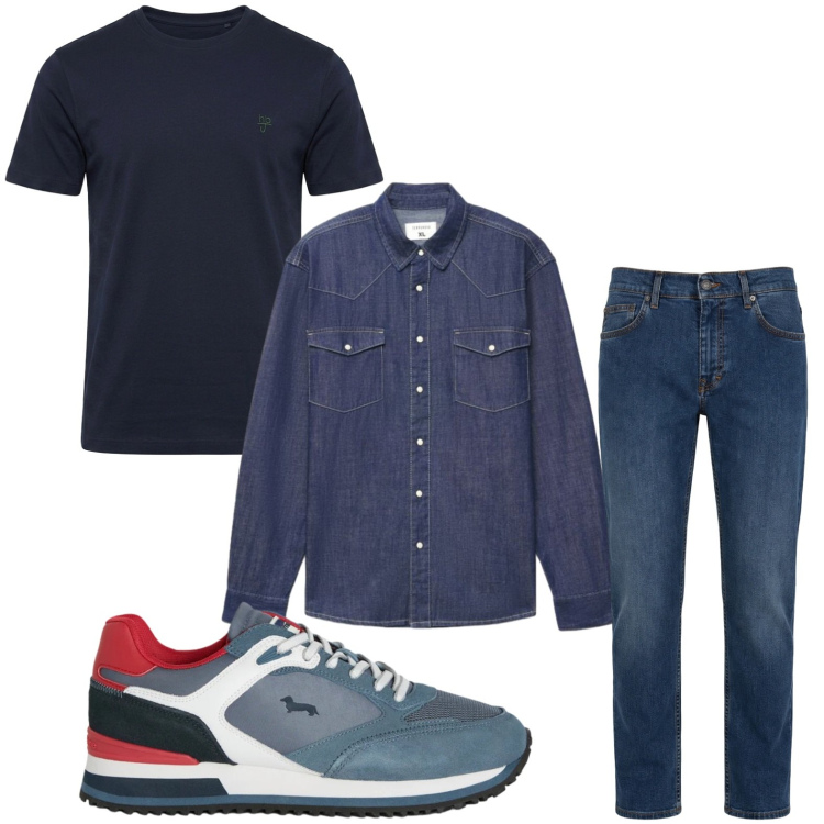 Outfit uomo - Tonalità blu. Stile Casual per Tutti i giorni. Abbinamento con t-shirt, jeans, sneakers, camicie.