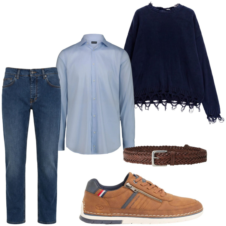 Outfit uomo - Linea rilassata. Stile Casual per Tutti i giorni. Abbinamento con jeans, maglieria, cinture, camicie, sneakers.
