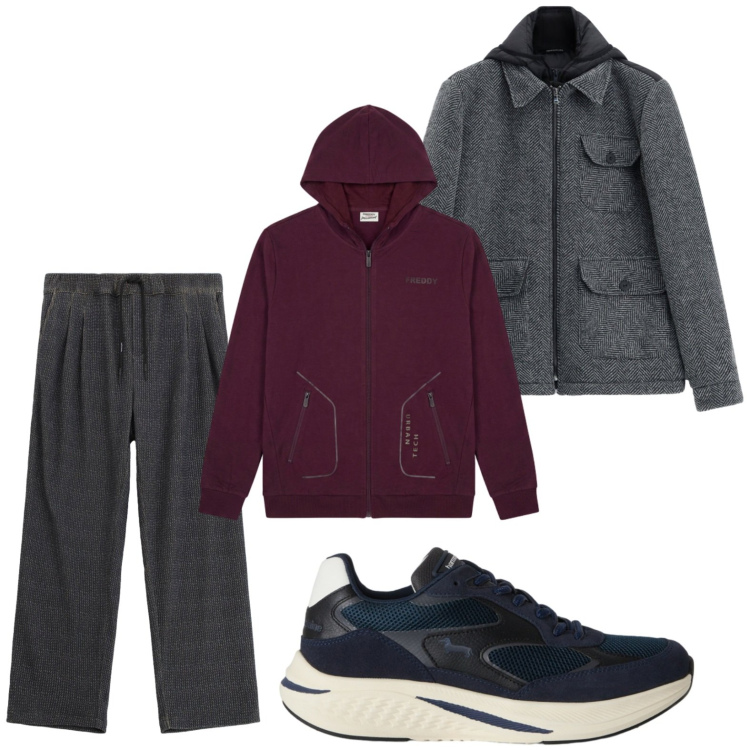 Outfit uomo - Fit contemporaneo. Stile Casual per Tutti i giorni. Abbinamento con sneakers, cappotti, pantaloni, felpe con cappuccio.