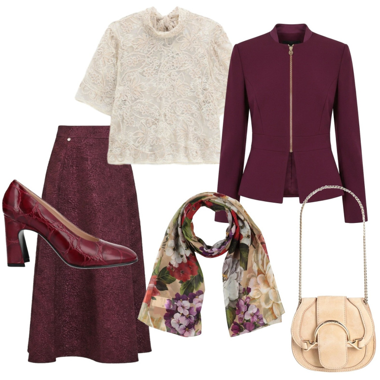Outfit donna - Cerimonia ad ottobre. Stile Chic per Cerimonia. Abbinamento con marsupi, décolleté, sciarpe, top, gonne longuette, blazer.