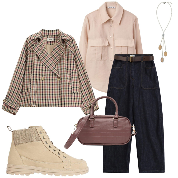 Outfit donna - Eleganza Urbana e Calde Sfumature. Stile Casual per Tutti i giorni. Abbinamento con stivaletti, camicie, borse a tracolla, cappotti, pantaloni a palazzo, collane.