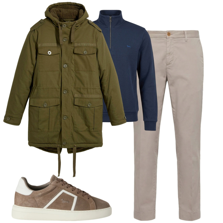 Outfit uomo - Autunno piovoso. Stile Casual per Tutti i giorni. Abbinamento con sneakers, felpe, pantaloni chino, parka.